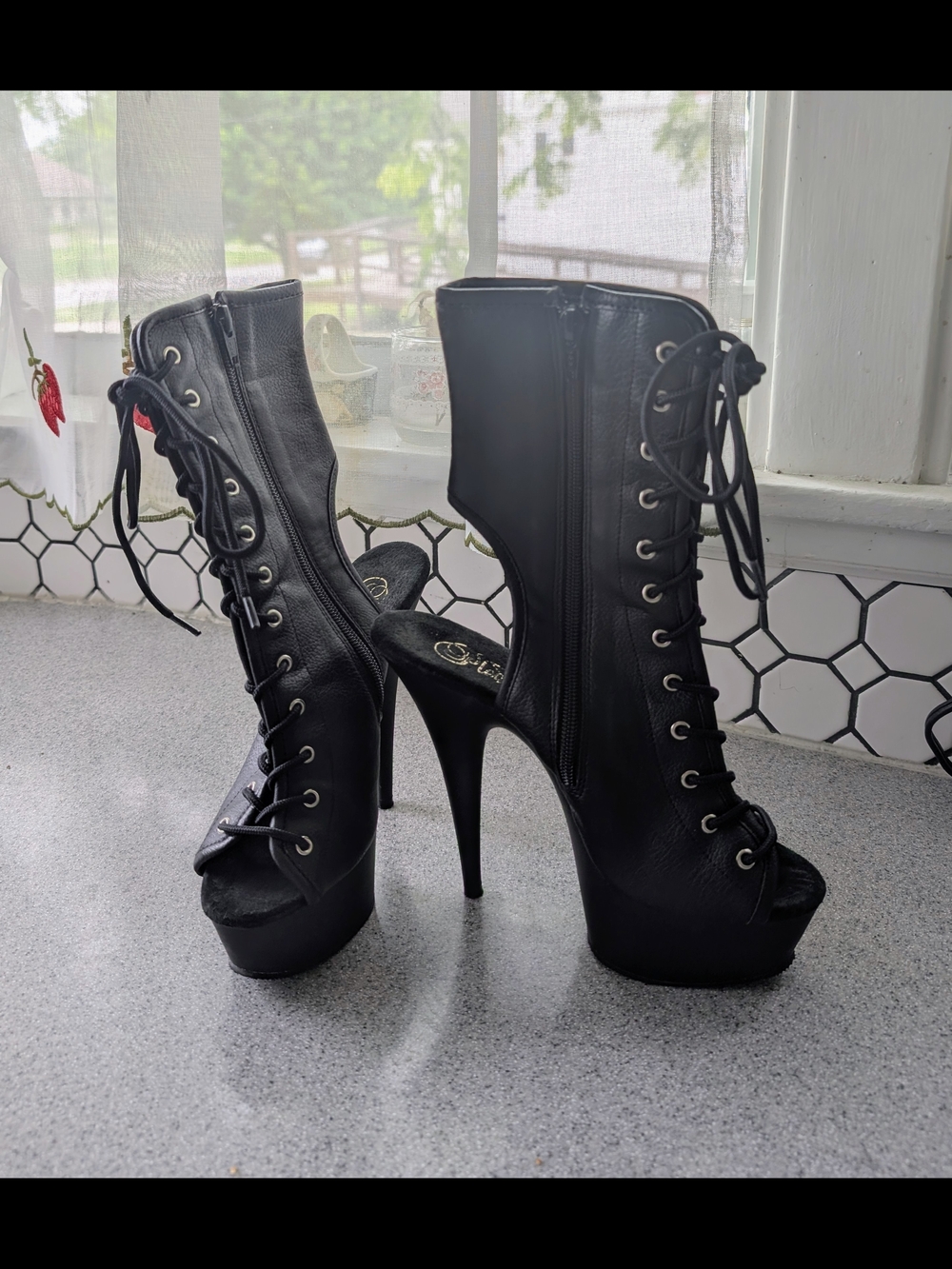 Pleaser Black Lace-Up Stiletto Booties 6 Inch - Picture 3 of 7